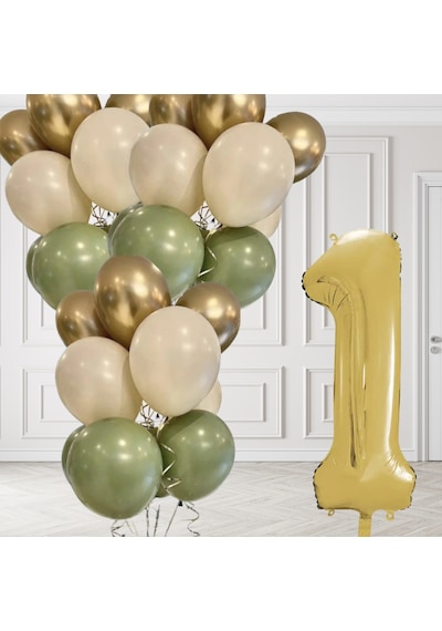 1 Yaş Retro Küf Yeşili Krom Gold Kum Beji Balon Seti Gold Rakam Doğum Günü Balonu Şık Parti Süsleme Çok Renkli