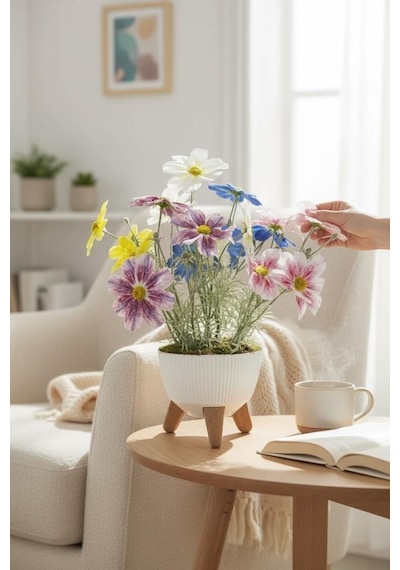 Yapay Çiçek Renkli Gerbera Papatya Salon Çiçeği Zigon Saksıda Yapay Bitki 50 40cm Yeşil
