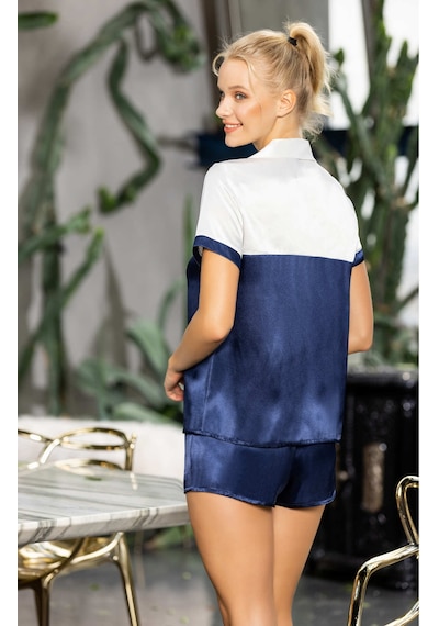 Kadın Lacivert Beyaz Kısa Kollu Saten Şortlu Pijama Takımı Rahat Ve Şık 2 Li Set
