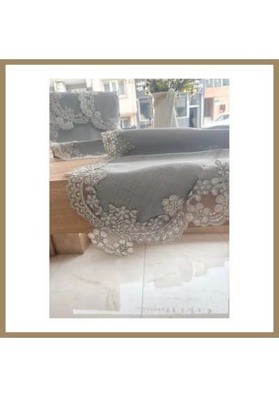 Kahveci.store 5 Parça Gri Firuze Model Keten Dantelli Masa Örtüsü Runner Seti Çeyizlik Salon Takımı 22