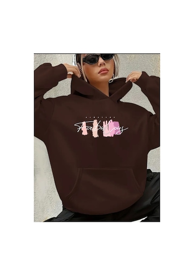 Herkesemoda Yazı Detaylı Kapüşonlu Sweatshirt Kahverengi