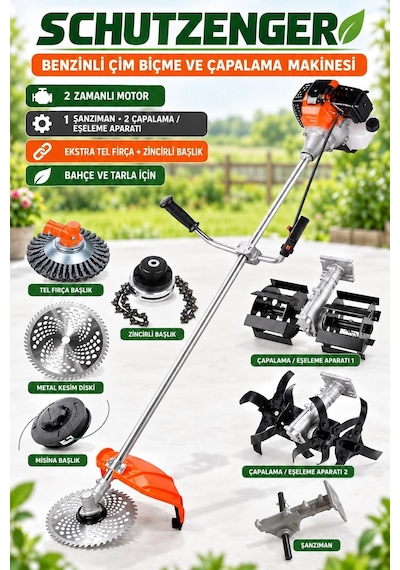 Schutzenger Hq-51 Benzinli Çapalama Ve Eşeleme Başlıklı Çim Biçme Ot Kesme Makinesi Zinçirli Tel Fırçalı Başlık