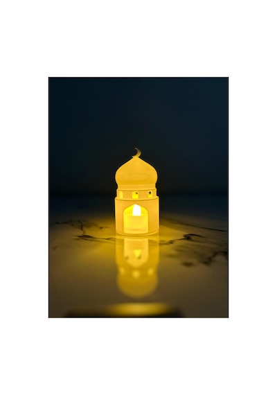 Ramazan Temalı Cami Minare Mescit Kubbe Figürü İkili Set Işıklı Pilli Mumluk Ev Aksesuarları Beyaz