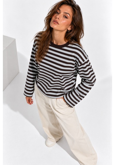 Wild Bee Kadın Açık Mavi Kahverengi Çizgili Pamuklu Bisiklet Yaka Oversize Bluz