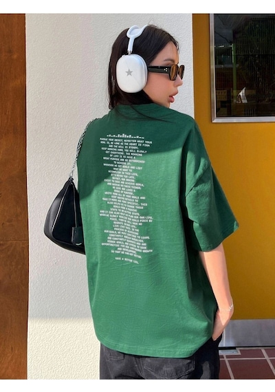 Flood Of Style Kadın Yeşil Çok Yazılı Baskılı Oversize Bisiklet Yaka Tişört