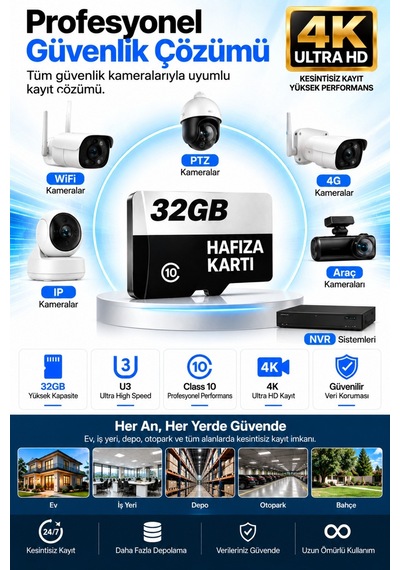 32 Gb Hafıza Kartı Faster Transfer Speed Class 10 4k Video Kayıt Güvenlik Kamera Uyumlu