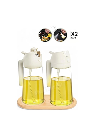 2'li Bambu Stantlı Çift Fonksiyonlu Sprey Dökme Cam Yağdanlık 450ml Yağlık Sıvıyağ Şişesi Airfryer Beyaz