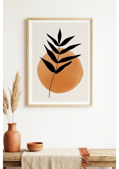 Doğal Ahşap Çerçeveli Minimal Yaprak Desenli Tablo - Pastel Tonlar Huhu1465