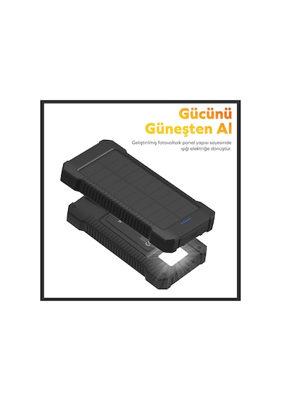 Woyax Güneş Enerjili Solar Powerbank 10000mah Led Işıklı Taşınabilir Batarya Şarj Cihazı Siyah Siyah