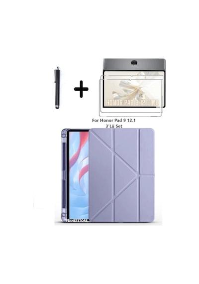Honor Pad 9 12.1 İnç Uyumlu Kalem Bölmeli Standlı Silikon Kılıf + Ekran Koruyucu + Kalem 3'lü Set Kılıf