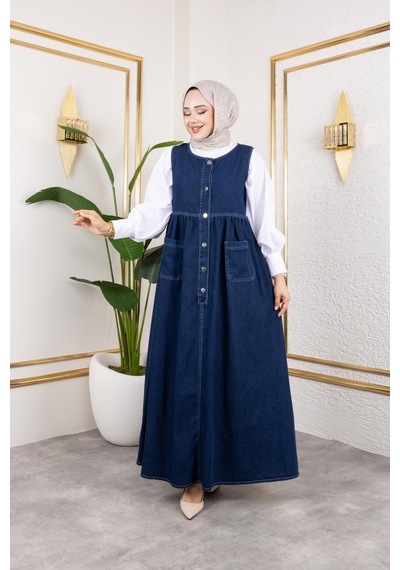Harmatime Kadın Düğmeli Bel Büzgülü Lacivert Kot Jile