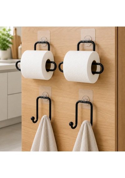 Yapışkanlı Duvar Tipi Rulo Kağıt Tutucu Ve Havlu Askısı 2+2 Parça 4 Lü Set Çok Renkli