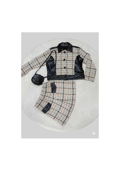 Bubiee Baby Kız Çocuk Deri Detaylı Ekose Ceket Etek Takım Ve Çanta Hediyeli 3'lü Takım Çok Renkli Bubiee Baby Kız Çocuk Deri Detaylı Ekose Ceket Etek Takım Ve Çanta Hediyeli 3'lü Takım Çok Renkli