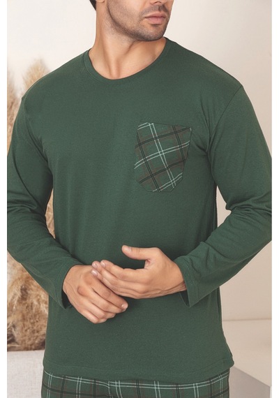 Sude Homewear Erkek Ekoseli Cepli Uzun Kollu Pijama Takımı Haki