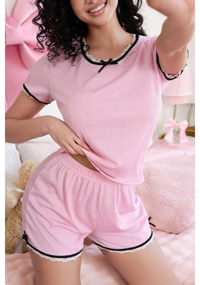 Bella Notte Jacquard Pembe Dantel Detaylı Şortlu Pijama Takımı