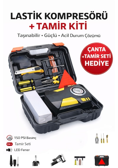 Dybox Pro Basınç Göstergeli Kompresör Oto Araç Lastik Şişirme Pompası Ve Tamir Seti 150 Psi-12v Sarı