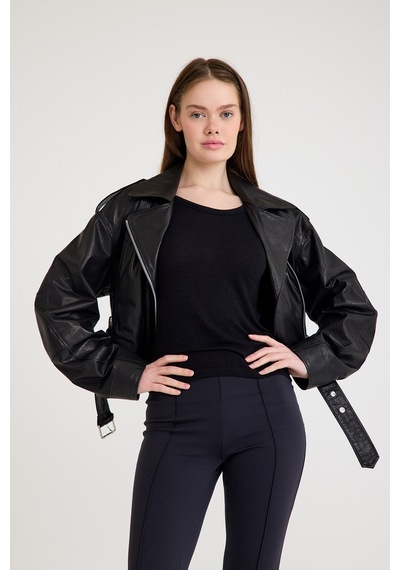 Fit Biker Kısa Bayan Deri Ceket Vb-17-bk-2426-23219 Siyah
