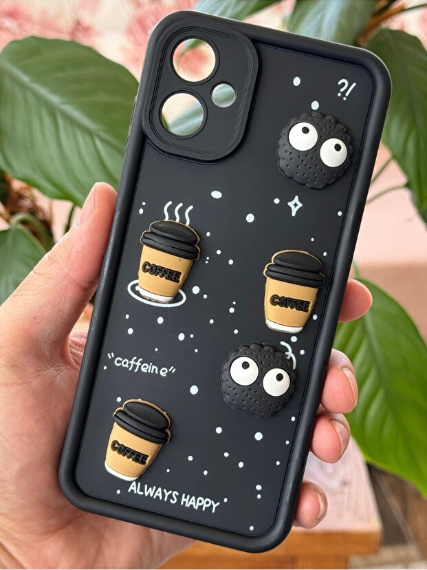 Fibaks Galaxy A06 Uyumlu Kılıf Kamera Korumalı Coffee Kurabiye Figürlü Siyah Yumuşak Silikon Kapak