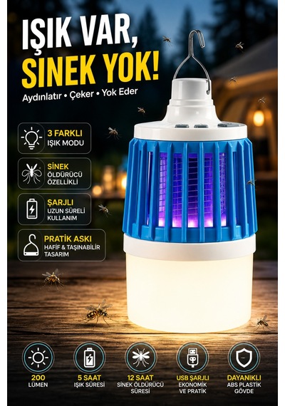 Şarjlı Usb'li Sinek Öldürücü Kamp Feneri 3 Modlu Led Kamp Lambası Taşınabilir Acil Aydınlatma