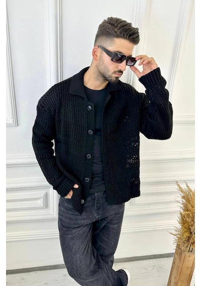 Elku Moda Hırka Oversize Özel Örgülü Triko Desenli Salaş Örgü Hırka Siyah
