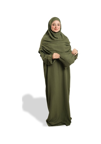 Hürrem Bone 2 Parça Namaz Elbisesi Dokuma Kendinden Desenli 2502 09 Haki