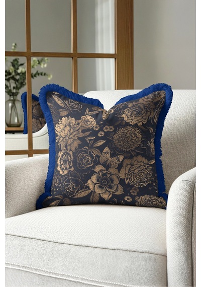 Çiçekli Vintage Floral Saçaklı Yastık Kılıfı - Botanik Lacivert Bej Lacivert Püsküllü Kırlent Kılıfı Sessiz Ufuk Mira