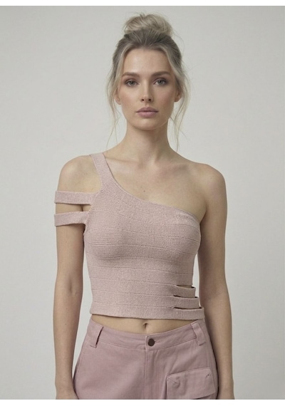 Neden Tekstil Asimetrik Tek Omuz Triko Crop Bluz - Açık Pembe