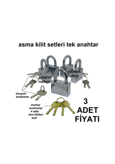 Asma Kilit 3lü Set Merkez Anahtarlı Master Anahtar Tek Ahatar Aça