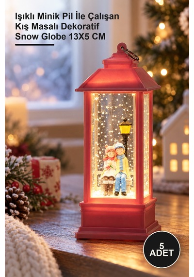 5 Adet Kar Küresi Işıklı Minik Pil İle Çalışan Kış Masalı Dekoratif Snow Globe 13x5 Cm