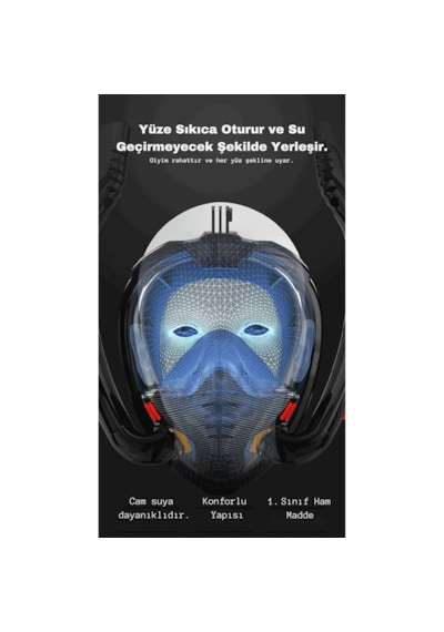 Techtic Çift Tüp Silikon Şnorkel Tam Yüz Dalış Maskesi Fullface Kırmızı - Siyah