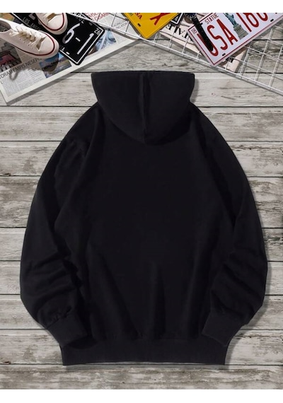 Unisex Oversize Daughters Baskılı Kapüşonlu Sweatshirt Siyah