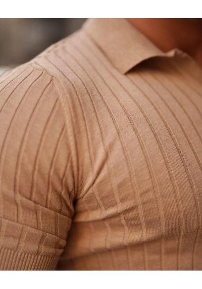 Erkek Fitilli Polo Yaka Triko T-shirt Kahverengi