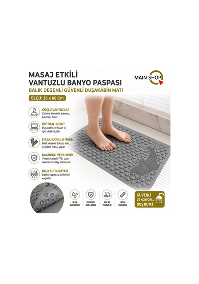 Mainshop 1 Adet Vantuzlu Banyo Ve Duş Kaydırmazı Duşa Kabin Küvet Içi Paspası Balık Desenli 35 X 68 Cm M-10 Gri