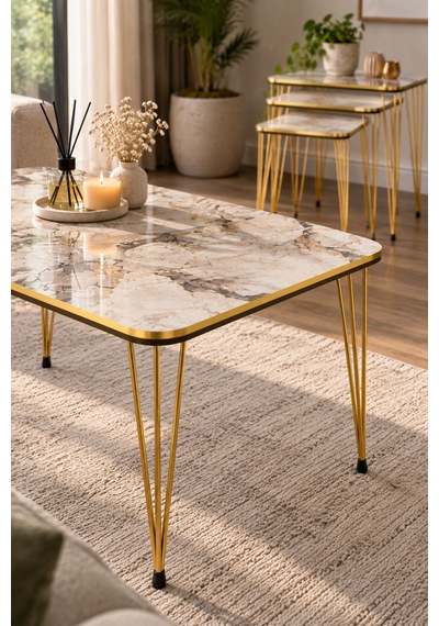 Sulorahome 4'lü Sehpa Seti Mermer Desenli Beyaz Ve Gold Metal Ayaklı Tablalar Beyaz Mermer / Ayaklar Gold