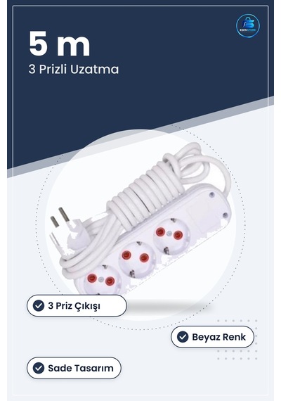 Grup Priz Uzatma Kablosu 3 Prizli 5 M Sade Beyaz Ev Ofis Kullanım