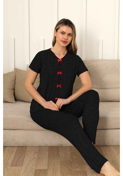 Monox Kadın Kırmızı Fiyonklu Beyaz Puantiyeli Kısa Kol Pijama Takımı Siyah