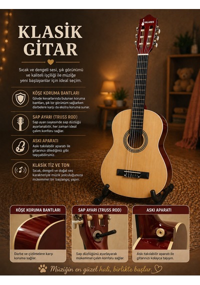 Valares Qcg3024 34 1/2 Yarım Boy Klasik Gitar Naturel Askı Aparatlı Çocuklar İçin İdeal Kolay Çalım