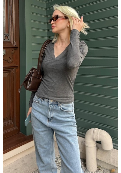 Madmext Antrasit Polo Yaka Fitilli Kadın Body Mg2566 Antrasit