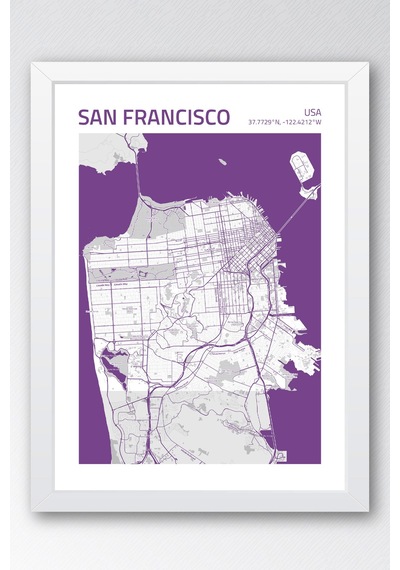 San Francisco Abd Haritası Çerçeveli Tablo Lüks Salon Ofis Duvar Dekorasyonu Hediyelik Tablo Beyaz