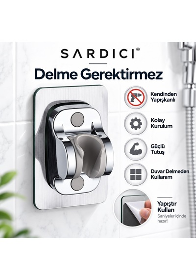Sardıcı Krom Kendinden Yapışkanlı Duş Başlığı Askısı Ayarlanabilir Mafsallı