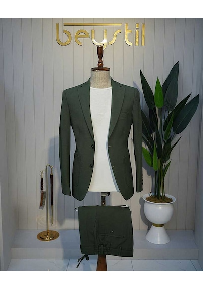 Bys Beystil Sivri Yaka Haki Spor Casual Jogger Takım Gofre - Slim Fit