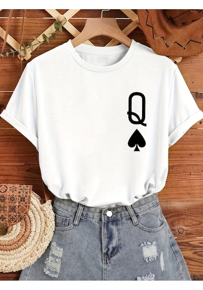 Uyguntarz Unisex Q Maça Kızı Baskılı Tasarım Tshirt Beyaz