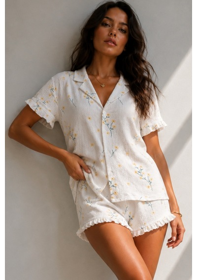 Kadın Süprem Gömlek Şort Düğme Çok Renkli Pijama Takımı