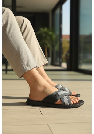 Enoch Erkek Siyah Çapraz Şeritli Ortopedik Taban Ev Ofis Ve Dış Mekan Terliği