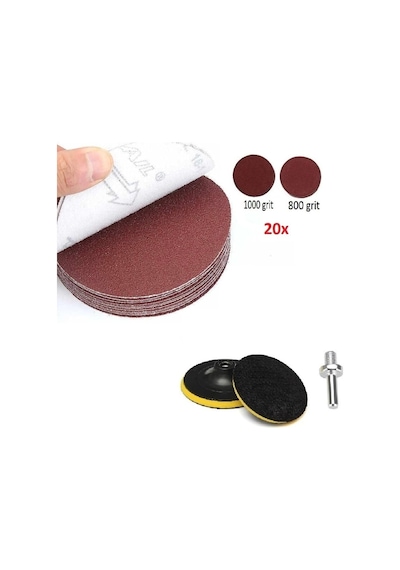 Depolife 115mm Cırt Taban 20 Adet Zımpara Takımı 1000 Kum 800 Kum Kuru Zımpara Seti Matkap Adaptörlü Polisaj