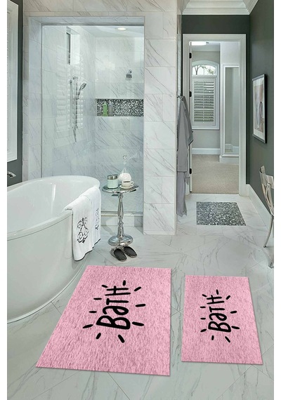 Buççin Online Mağaza Dijital Baskılı Kaymaz Yıkanabilir Bath İkili Banyo Takımı Klozet Takımı Polyester Pembe Çok Renkli