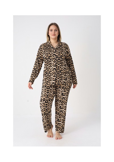 Estiva Kadın Kaplan Desenli Kahverengi Önden Düğmeli Soft Battal Pijama Takımı Çok renkli
