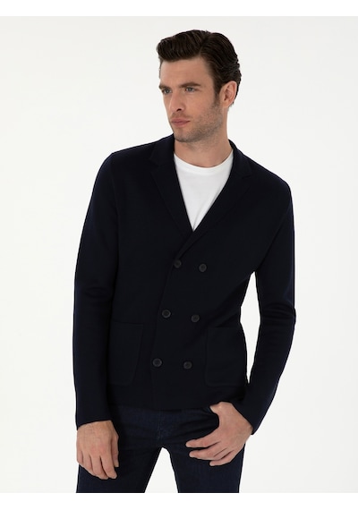 Cacharel Lacivert Slim Fit Yün Karışımlı Kruvaze Triko Hırka