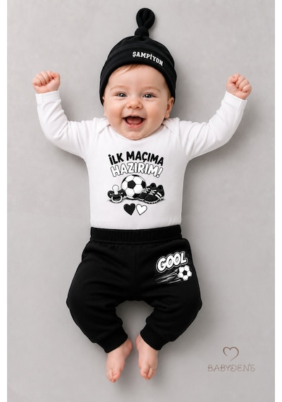 Babyden's Bebek 3'lü Takım Siyah Beyaz Taraftar Temalı Uzun Kol %100 Pamuk Yenidoğan Seti İlk Maçıma Hazırım