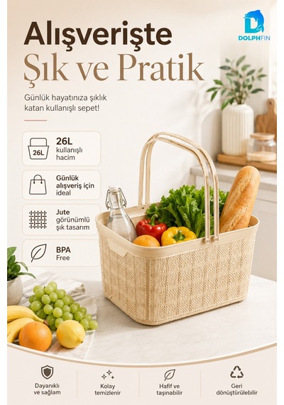 Jute Alışveriş Sepeti 26 L Çok Amaçlı Saklama Taşıma Sepeti Çamaşır Oyuncak Düzenleyici Bej